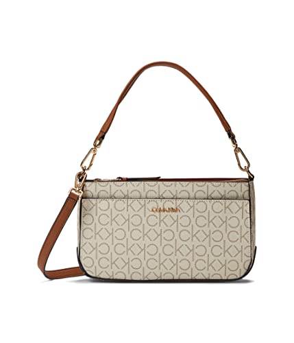 Calvin Klein Bolsa de ombro feminina Lucy com compartimento triplo, Baunilha/cáqui/caramelo em relevo, One Size
