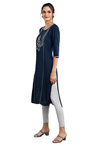 Image of Aurelia Women Navy Blue Embroidered Kurta in Round Neckline
