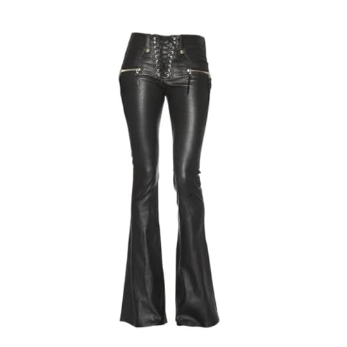 Women Flared Faux Leather Trouser Loose Straight Leggings Lace Up Bell Bottom High Waist Boot Cut Pants2