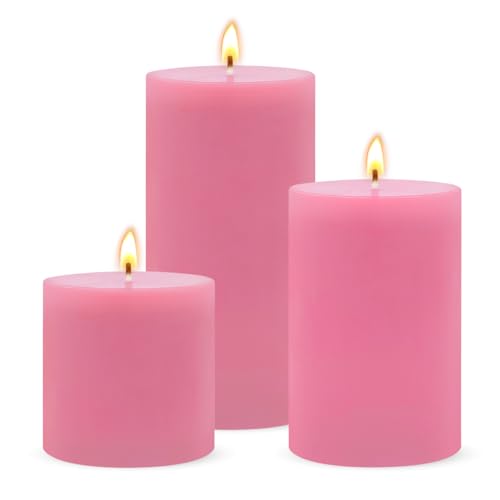 Pink Unscented Pillar Candles 3-Pack Dripless & Smokeless Long-Burning Thick Candles (2 3 4 Heights) for Weddings Home Decor & Serene Ambiance