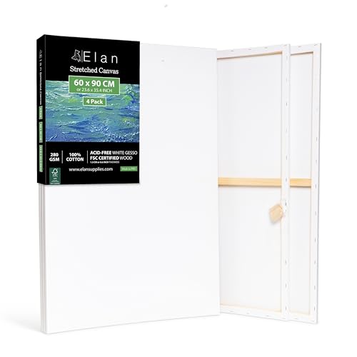 Elan Lienzos Preestirados 60x90, 4-PACK 100% Algodón Lienzos para Pintar Grandes, Canvas para Pintar 280GSM, Lienzo 60x90, Large Canvas