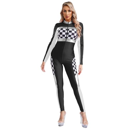 Rswnyirn Damen Racing Overall Rennfahrer Kostüm Sexy Ganzkörper Anzug mit Karo Muster Halloween Fasching Rollenspiel Outfit Schwarz L
