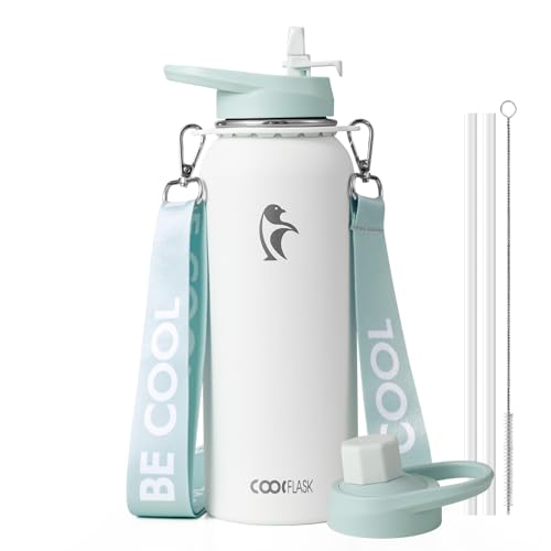 Image of Coolflask 40 oz Water Bottle Insulated Stainless Steel with Strap