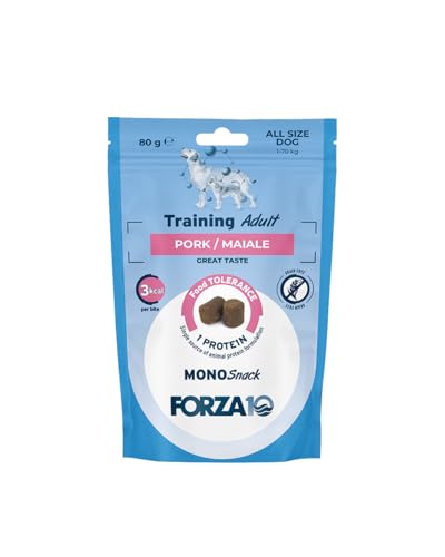 FORZA 10 Cane Snack Training - Maiale | alimento complementare per cani adulti, da somministrare come premio in qualsiasi momento, apporto calorico contenuto, 3 confezioni da 80 grammi.