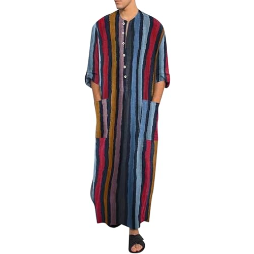 Mens Thobe Fashion Casual Striped Ethnic Kaftan Long Sleeve Muslim Inspired Thobes Soft Breathable Lightweight