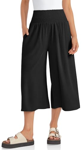 TARSE Womens Linen Palazzo Capri Pants Boho Summer Smocked High Waist Wide Leg Casual Loose Trousers with Pockets Flowy Pants