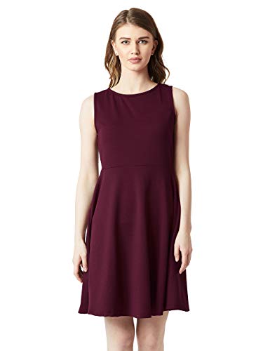 Image of Miss Chase Women's Wine Red Round Neck Knee-Long Skater Dress
