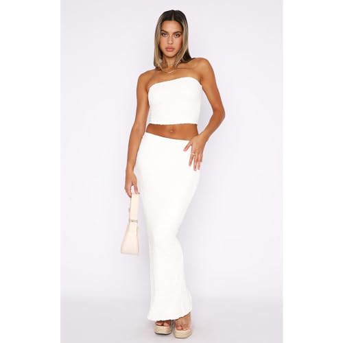 Image of Two Piece Dress Outfits for Women Sleeveless Tube Tops Bodycon Maxi Dress Summer Strapless Crop Top Sexy Suits Set
