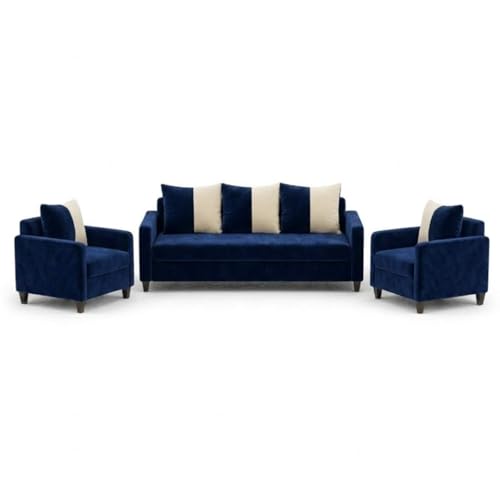 Image of FURNY Rion 3 Seater + 1 Seater + 1 Seater Fabric Sofa Set (Dark Blue-Cream) with Velvet Finish | Durable Comfort | Ideal for Living Room