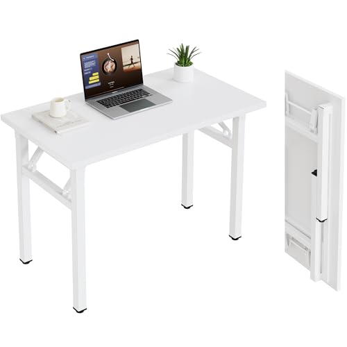 Image of Need 35.8 Inch Folding Desk for Small Spaces, Home Office Computer Desk with Wood Top & Black Frame, Foldable Writing Table for Study, Bedroom, Dorm Room & Student, White