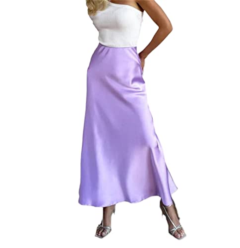 Jupe coréenne taille haute satin violette qui affine la silhouette en 48