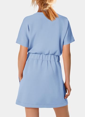 Image of SENSERISE Womens Short Sleeve T Shirt Dresses Crew Neck Solid Color Basic Smocked Waist Dress with Pockets