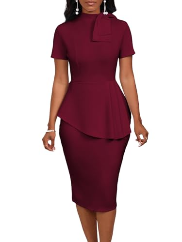 Image of WanMem Women Formal Bodycon Peplum Cocktail Dress Short Sleeve Bow Ruffle Pencil Party Midi Dresses