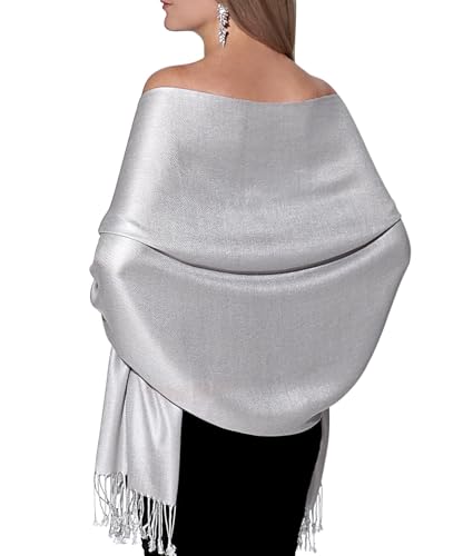 Pashmina Shawls and Wraps for Evening Dresses, Large Soft Pashmina Wedding Light Grey Silver Shawl