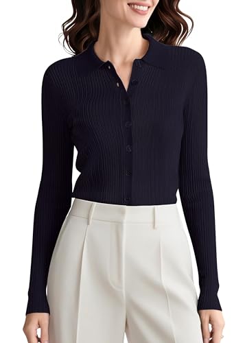 Urban CoCo Women's Long Sleeve Button Up Sweater Polo Shirt Collared Knit Cardigan Sweaters