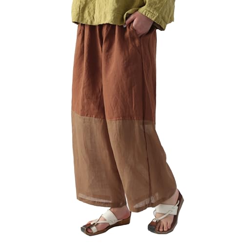 Women's Cropped Wide Leg Linen Pants High Waisted Lightweight Beach Pants with Patchwork & Contrast Color
