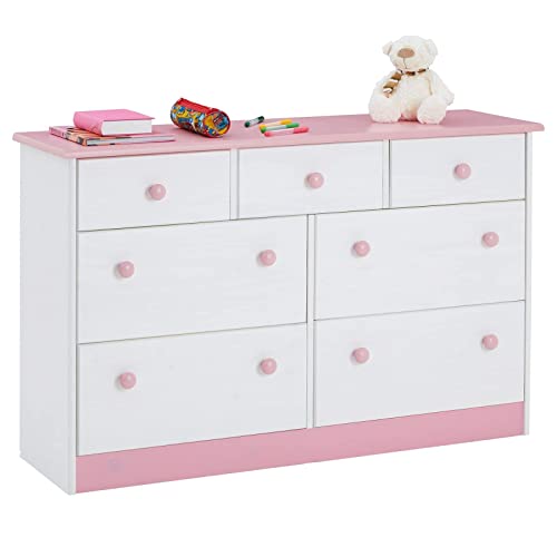 IDIMEX Commode Rondo bahut Buffet Meuble de Rangement avec 3 Petits et 4 Grands tiroirs, en pin Massif lasuré Blanc et Rose