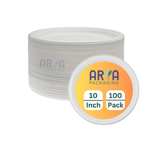 Arya PACKAGING 100% Compostable Heavy-Duty Eco-Friendly Disposable Bagasse Plates 10 Inch