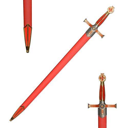 Sauvagine-33.3-Inch Metal Templar Knight Red & Gold Sword Medieval Crusader Replica for Cosplay Collection and Display