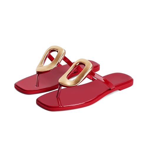 Image of Wnshonzy Flip-Flops for Women Thong Sandals Flat Slip on Slides Beach Comfort Open Square Toe Ladies Slipper Dressy Metal Hardware Decoration Summer Shoes Casual Fashion