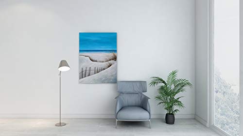 SYGALLERIER Beach Picture Wall Art Hand Painted Coastal Canvas Painting in Blue and White Color Nautical Artwork with Grass and Fence for Living Room Bedroom Bathroom Decor - Image 6