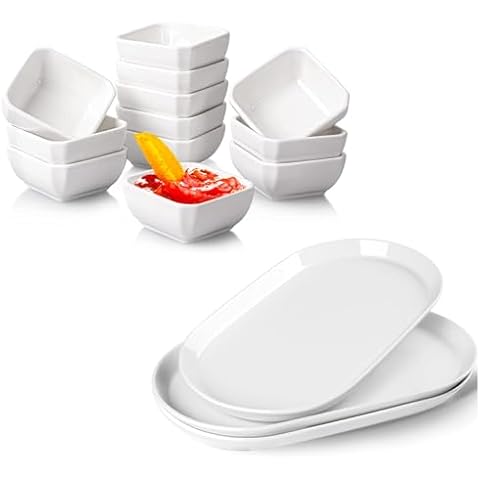 Taeochiy 12 Pack Ceramic Dipping Bowls 3 Oz Soy Sauce Dish & 14" Ceramic Serving Platter - Oval Large Serving Tray Cover