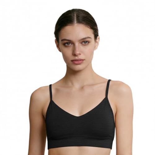 Fussybussy Womens Merino Wool Bralette Pullover Bra Wireless Triangle Spaghetti Strap with Removable Pads Comfort Bra (US Alpha Large Regular Regular Black)