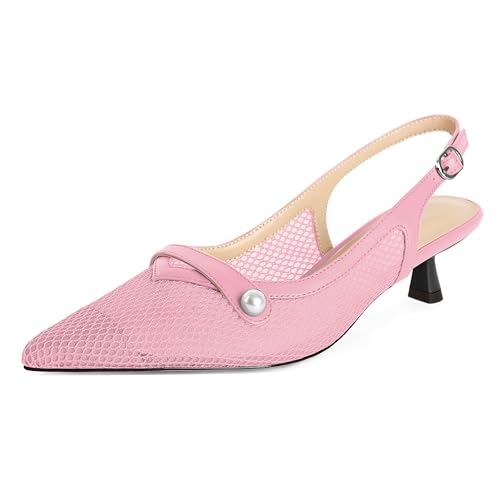 SAMMITOP Womens Slingback Kitten Heels Closed Pointed Toe Low Heel Mesh Pumps Pearl Strap Dress Shoes 1.5 Inches