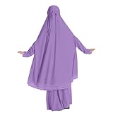 Kids Girls Abaya Muslim Full Cover Hijab Dress Kaftan Dubai Islamic Prayer Dress 2pcs Solid (Purple, 5-6 Years)