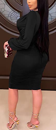 Gobles Women's Sexy Deep V Neck Long Sleeve Ruched Bodycon Midi Party Dress Black #TOP7
