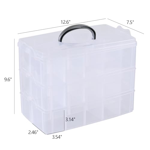 Image of 3 Tier Plastic Craft Storage Bins, Clear Craft Storage Box with 30 Adjustable Compartments