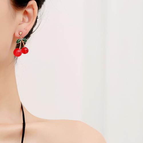 Cherry Earrings for Women Cute Funny 3D Cherry Earrings for Women Green Leaf Red cherries Dangle Hypoallergenic Jewelry3