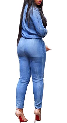 Doufine Macacão jeans feminino de manga longa, justo, gola V, Jeans azul, M