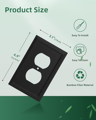 ZJVZJQC Outlet Covers Wall Plates, Light Switch Covers Switch Plates Bamboo Fiber Material Receptacle Switch Plate Outlet Cover of various 13 styles (Matte Black, 1 Gang Duplex 4 Pack) - image 2