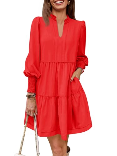 Image of Imily Bela Womens Fall Long Sleeve Tunic Dress Casual V Neck Tiered Dress | Loose,Swing,A-Line,Ruffled Collar,Puff Balloon Sleeve,Smocked Elastic Cuffs,Tiered Layered Ruffle Hem,Babydoll,Loose,Mini