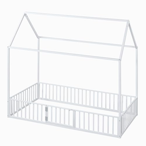 Bellemave Twin Size House Bed, Montessori Floor Bed for Kids, Metal House Beds with Door and Fencefor Kids, Twin, White