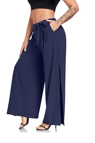 Women's Wide Leg Pants High Waist Tie Knot Front with Pockets Flowy Casual Palazzo Trousers3