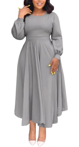 WUSENST Church Dress for Women Long Sleeve A Line Elegant Maxi Dress Wedding Cocktail Tea Party Evening Dress Gray