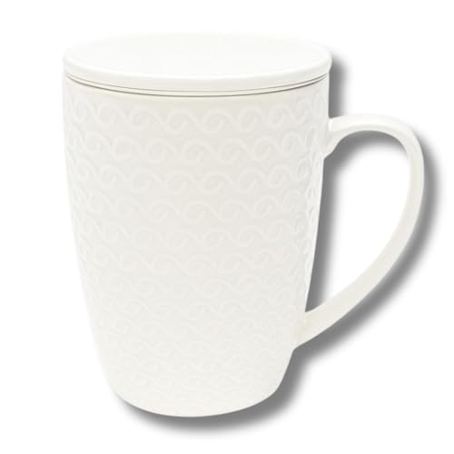 LEONARDO LUXURY HOME DESIGN Tisaniera Tazza Mug 400 ml Porcellana Bianca con Filtro Coperchio Termica Decoro in Rilievo Tisane Infusi Erbe Elegante Idea Regalo (1)