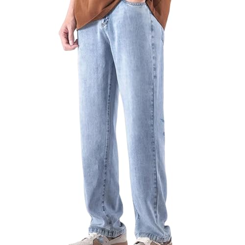 Men's Summer Jeans Thin Soft Denim Pants Loose Straight Casual Trousers Elastic Waist Comfortable Clothing
