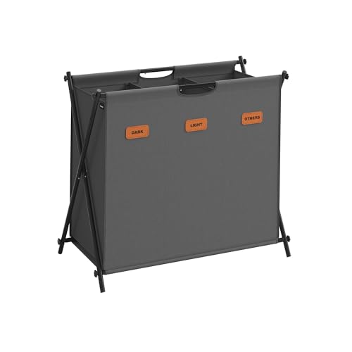 SONGMICS Cesto Ropa Sucia, Cesta para Colada, Clasificador de Ropa de 135 L, 3 Secciones, Marco en X Plegable, con Etiquetas Personalizables, Cuarto de Lavado, Dormitorio, Baño, Gris Pizarra LCB130G01