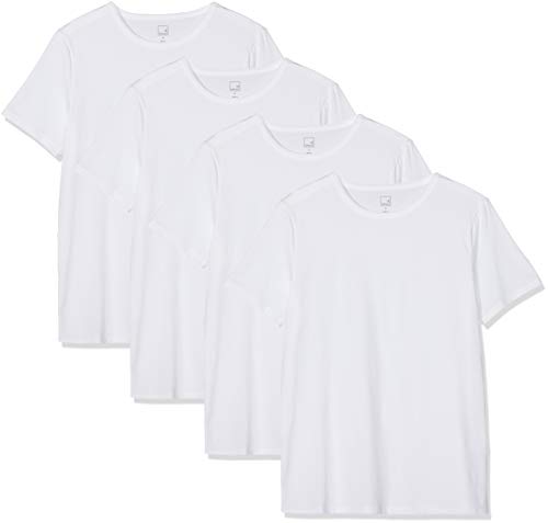 Marca Amazon - MERAKI Camiseta Interior con Cuello Redondo Hombre, Pack de 4, Blanco (Blanco), XL, Label: XL
