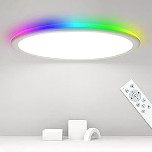 Plafonnier LED Plat Dimmable avec Télécommande, 24W Plafonnier Panneau RVB Changement de Couleur Rétroéclairage, 2400LM pour Chambre Salon Cuisine Salle de Bain, IP44 Résistant aux Éclaboussures 30CM