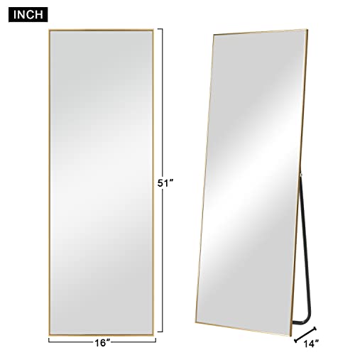 Image of NeuType 51 inchx16 inch Full Length Mirror with Standing Holder Aluminum Alloy Frame Floor Mirror Wall-Mounted Mirror for Living Room, Bedroom, Hanging or Leaning Against Wall, Golden (with Stand)