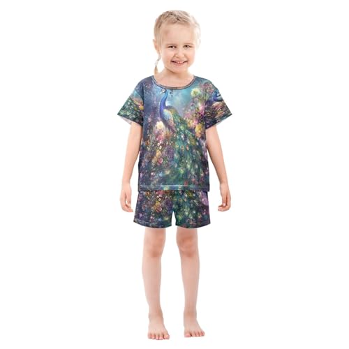 ALAZA Peacock Peony Flower Art Pajamas Set Short Sleeve Cotton Sleepwear Summer Pjs 2 Piece 5-14Y3