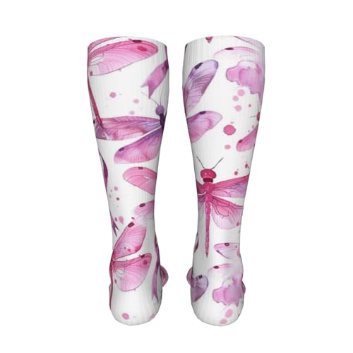 Pink Dragonflies with Cancer Ribbons Compression Socks for Kids Boys Girls, Knee High Soccer Socks Long Tube Funny Gifts for Running Sports Travel 19.8in4