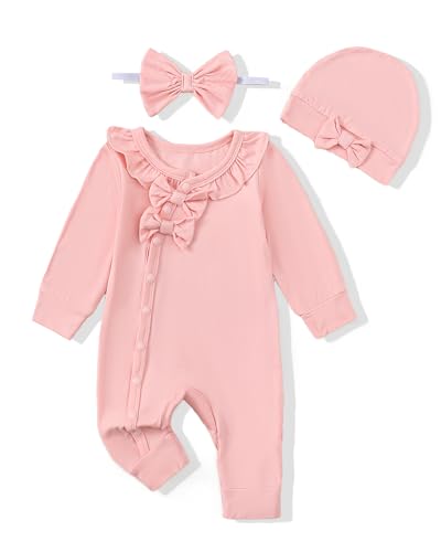 Image of Mikrdoo Newborn Infant Baby Girl Clothes Fall Winter Outfits Long Sleeve Zipper Rompers with Headband