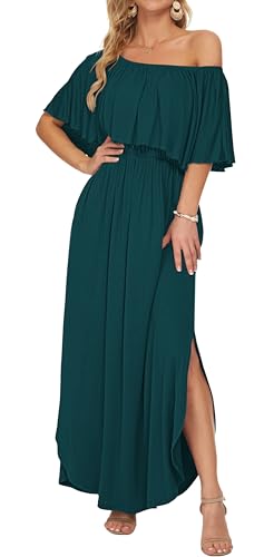 Image of AUSELILY Womens Off Shoulder Ruffle Split Summer Maxi Dresses with Pockets | Off-shoulder Ruffle dress with empire waist & side split for summer beach and casual parties