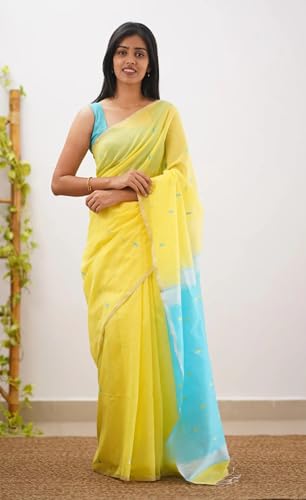 Image of Women's Cotton Woven Soft Sarees With Attach Blouse Piece.