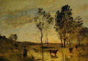 Peinture à l'huile Le Gué par Corot reproduction d'art sur toile en format 30x36 pouces
